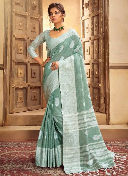 Green Colour ASHIKA CHIKANKARI BUTTA Cotton Linen With Resham Work Designer Saree Collection CB 02